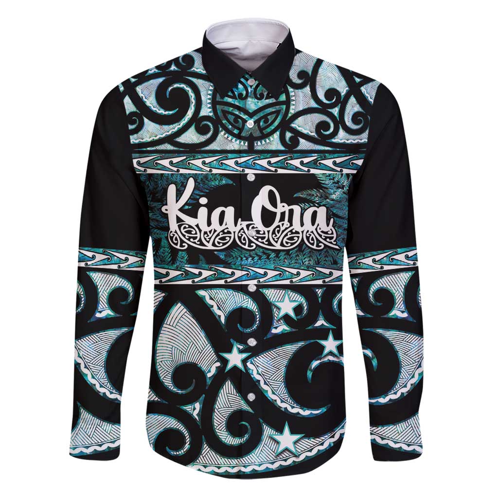 Kia Ora New Zealand Family Matching Puletasi and Hawaiian Shirt Aotearoa Proud Maori Paua Shell Silver Fern LT14 Dad's Shirt - Long Sleeve Black - Polynesian Pride