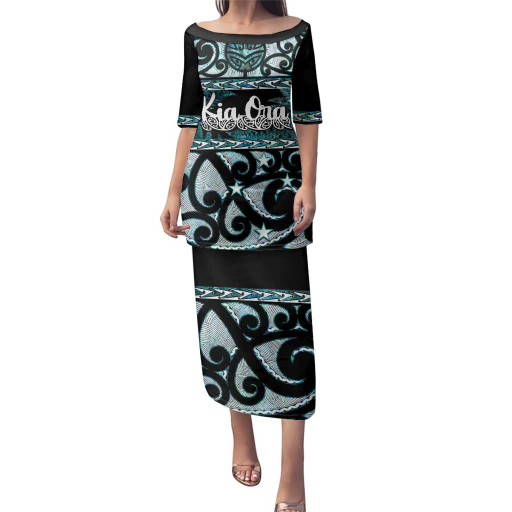 Kia Ora New Zealand Family Matching Puletasi and Hawaiian Shirt Aotearoa Proud Maori Paua Shell Silver Fern LT14 Mom's Dress Black - Polynesian Pride