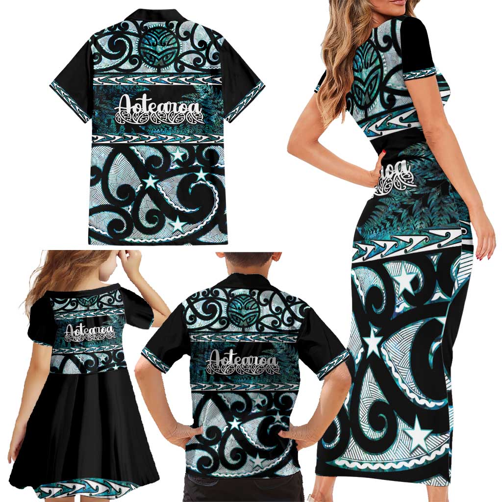 Kia Ora New Zealand Family Matching Short Sleeve Bodycon Dress and Hawaiian Shirt Aotearoa Proud Maori Paua Shell Silver Fern LT14 - Polynesian Pride