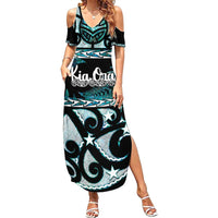 Kia Ora New Zealand Family Matching Summer Maxi Dress and Hawaiian Shirt Aotearoa Proud Maori Paua Shell Silver Fern LT14 Mom's Dress Black - Polynesian Pride