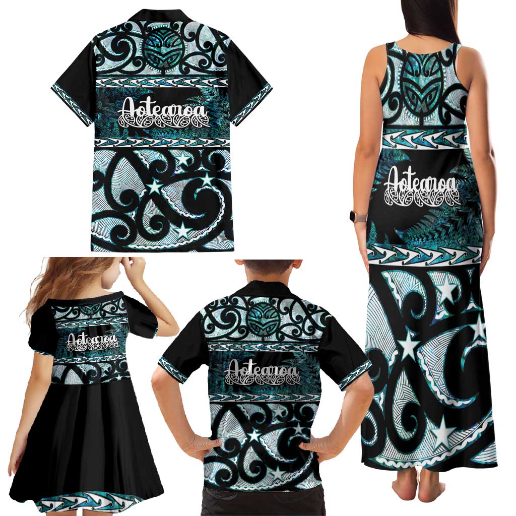 Kia Ora New Zealand Family Matching Tank Maxi Dress and Hawaiian Shirt Aotearoa Proud Maori Paua Shell Silver Fern LT14 - Polynesian Pride