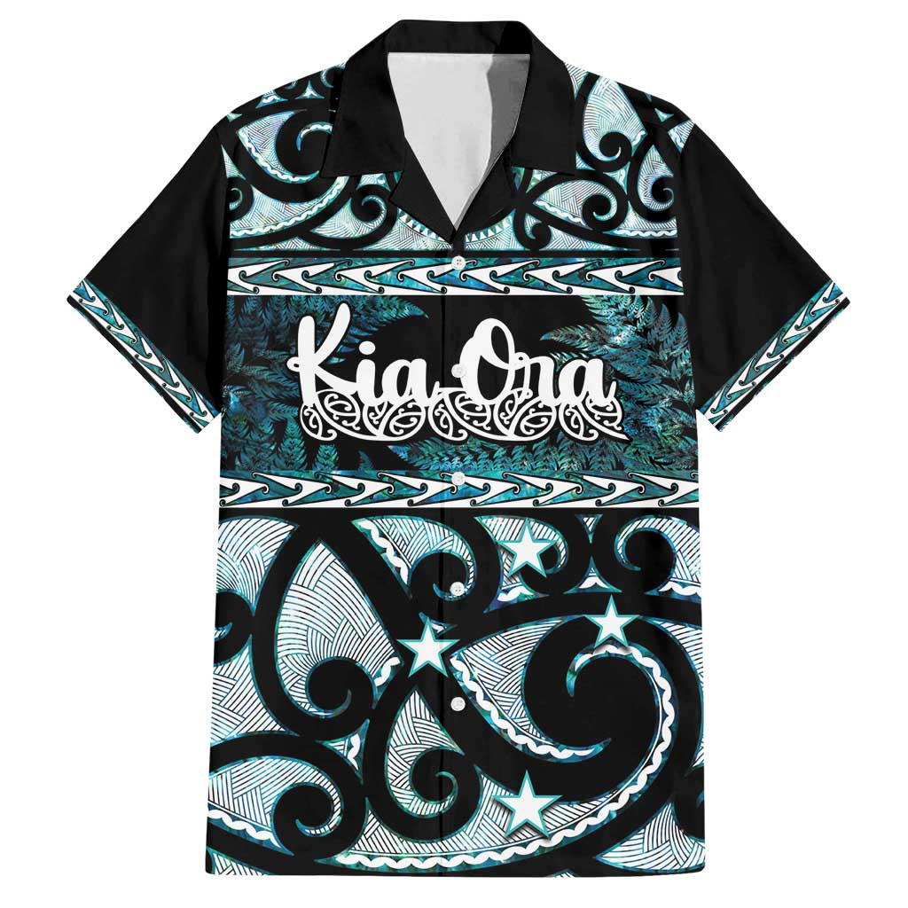 Kia Ora New Zealand Family Matching Tank Maxi Dress and Hawaiian Shirt Aotearoa Proud Maori Paua Shell Silver Fern LT14 Dad's Shirt - Short Sleeve Black - Polynesian Pride