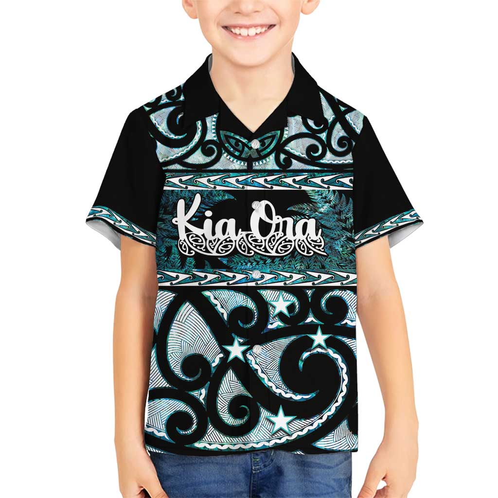 Kia Ora New Zealand Family Matching Tank Maxi Dress and Hawaiian Shirt Aotearoa Proud Maori Paua Shell Silver Fern LT14 Son's Shirt Black - Polynesian Pride