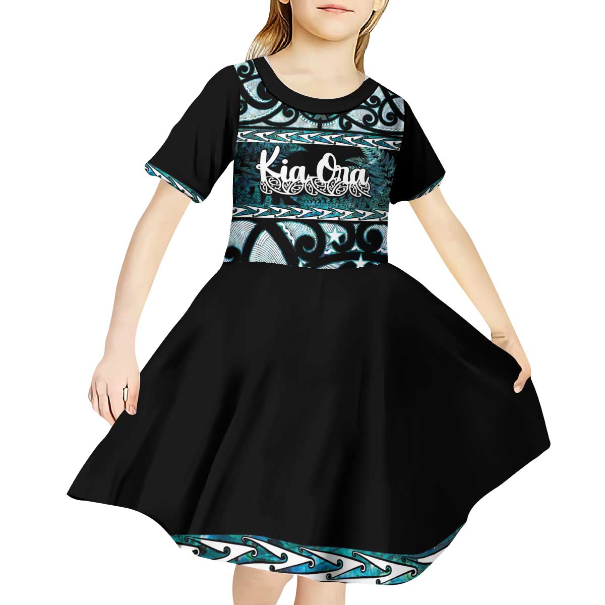 Kia Ora New Zealand Kid Short Sleeve Dress Aotearoa Proud Maori Paua Shell Silver Fern LT14 - Polynesian Pride