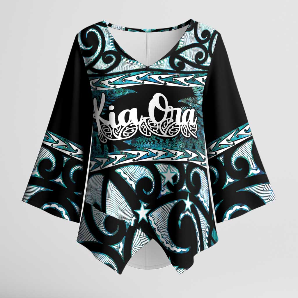 Kia Ora New Zealand Kimono Sleeve Blouse Aotearoa Proud Maori Paua Shell Silver Fern LT14 Female Black - Polynesian Pride