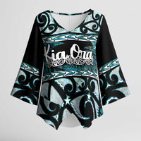 Kia Ora New Zealand Kimono Sleeve Blouse Aotearoa Proud Maori Paua Shell Silver Fern LT14 Female Black - Polynesian Pride