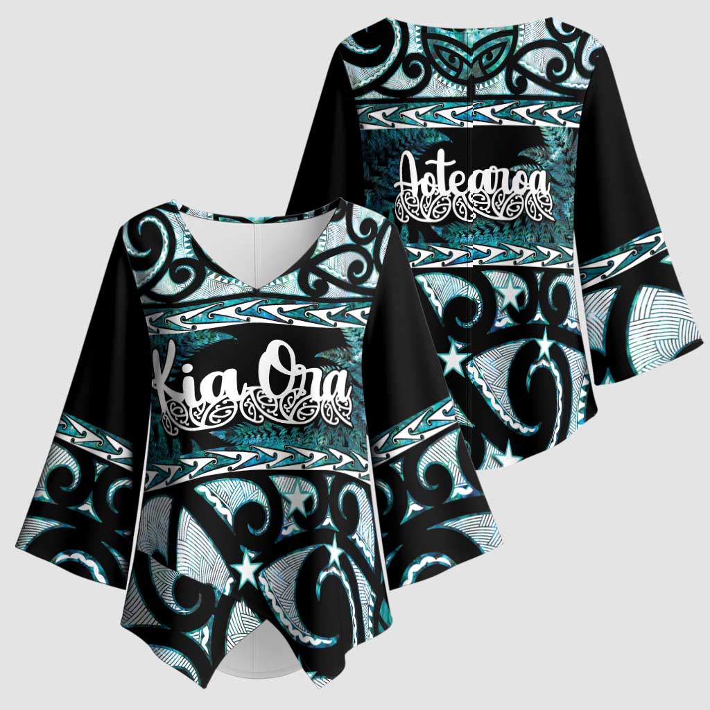 Kia Ora New Zealand Kimono Sleeve Blouse Aotearoa Proud Maori Paua Shell Silver Fern LT14 - Polynesian Pride