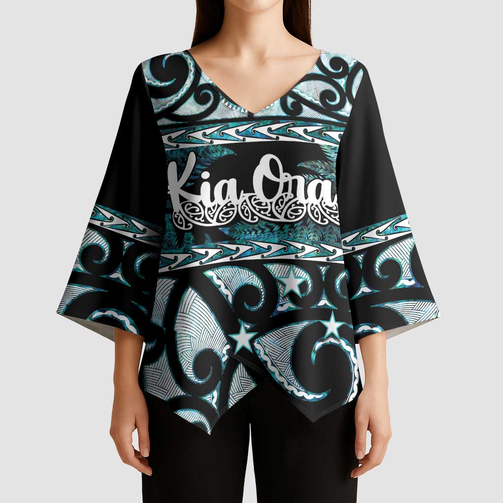 Kia Ora New Zealand Kimono Sleeve Blouse Aotearoa Proud Maori Paua Shell Silver Fern LT14 - Polynesian Pride