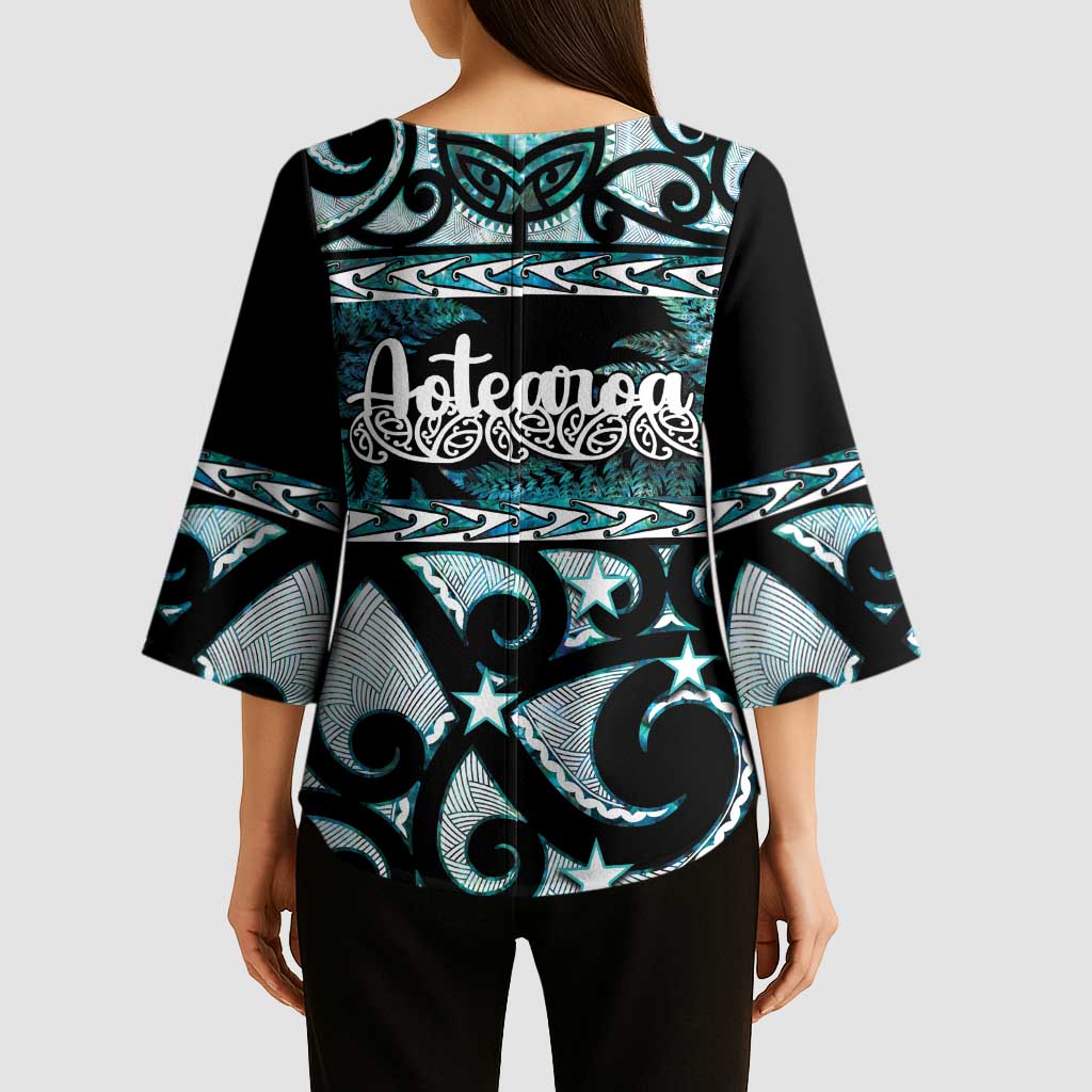 Kia Ora New Zealand Kimono Sleeve Blouse Aotearoa Proud Maori Paua Shell Silver Fern LT14 - Polynesian Pride