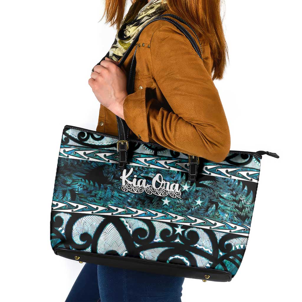 Kia Ora New Zealand Leather Tote Bag Aotearoa Proud Maori Paua Shell Silver Fern LT14 Black - Polynesian Pride