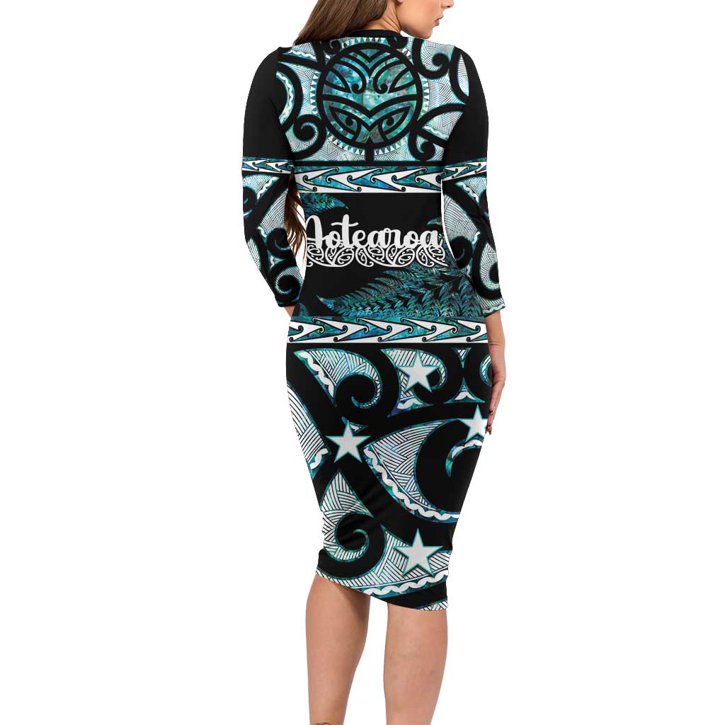 Kia Ora New Zealand Long Sleeve Bodycon Dress Aotearoa Proud Maori Paua Shell Silver Fern LT14 - Polynesian Pride