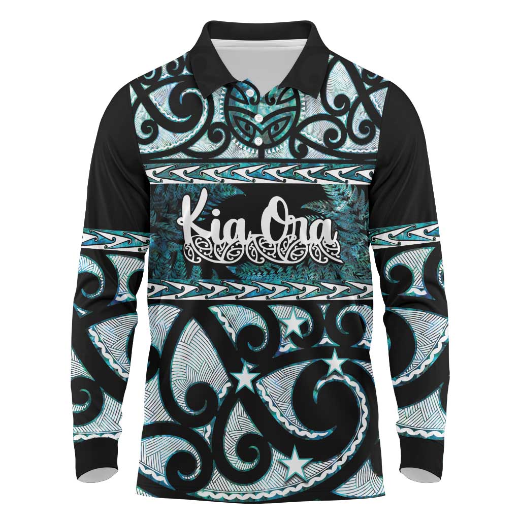 Kia Ora New Zealand Long Sleeve Polo Shirt Aotearoa Proud Maori Paua Shell Silver Fern LT14 Black - Polynesian Pride