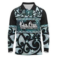 Kia Ora New Zealand Long Sleeve Polo Shirt Aotearoa Proud Maori Paua Shell Silver Fern LT14 Black - Polynesian Pride
