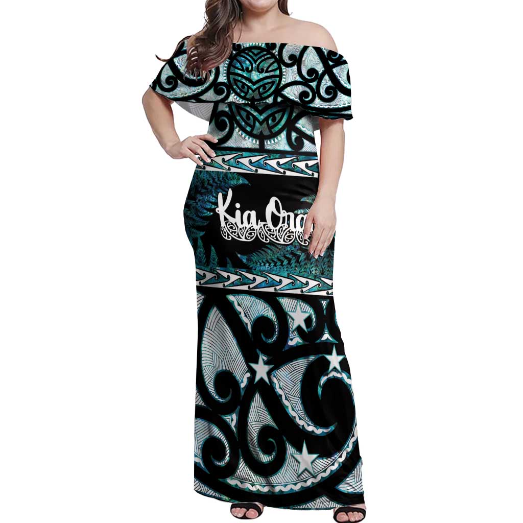 Kia Ora New Zealand Off Shoulder Maxi Dress Aotearoa Proud Maori Paua Shell Silver Fern LT14 Women Black - Polynesian Pride