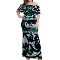 Kia Ora New Zealand Off Shoulder Maxi Dress Aotearoa Proud Maori Paua Shell Silver Fern LT14 Women Black - Polynesian Pride