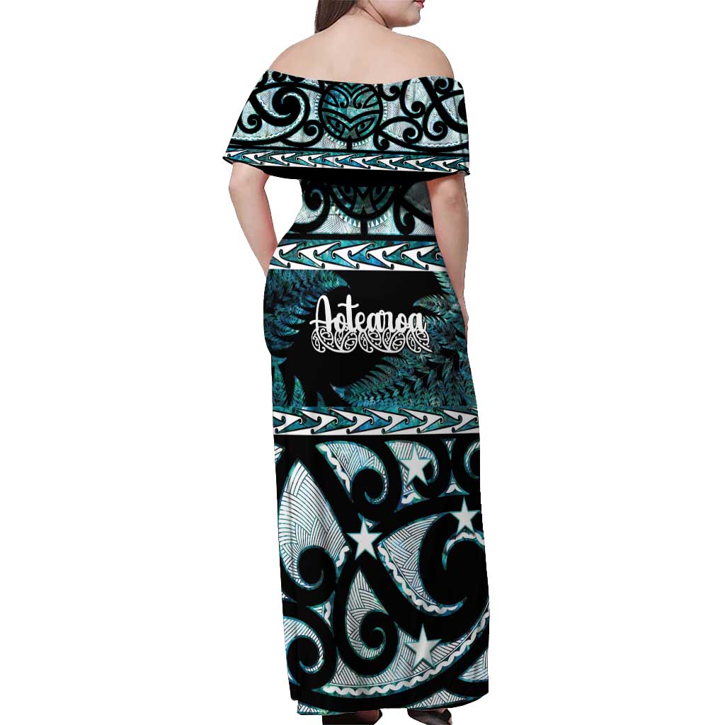 Kia Ora New Zealand Off Shoulder Maxi Dress Aotearoa Proud Maori Paua Shell Silver Fern LT14 - Polynesian Pride