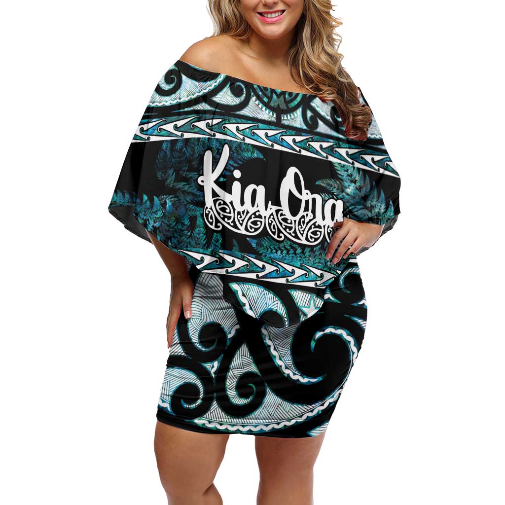Kia Ora New Zealand Off Shoulder Short Dress Aotearoa Proud Maori Paua Shell Silver Fern LT14 Women Black - Polynesian Pride