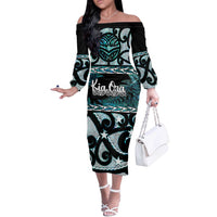 Kia Ora New Zealand Off The Shoulder Long Sleeve Dress Aotearoa Proud Maori Paua Shell Silver Fern LT14 Women Black - Polynesian Pride