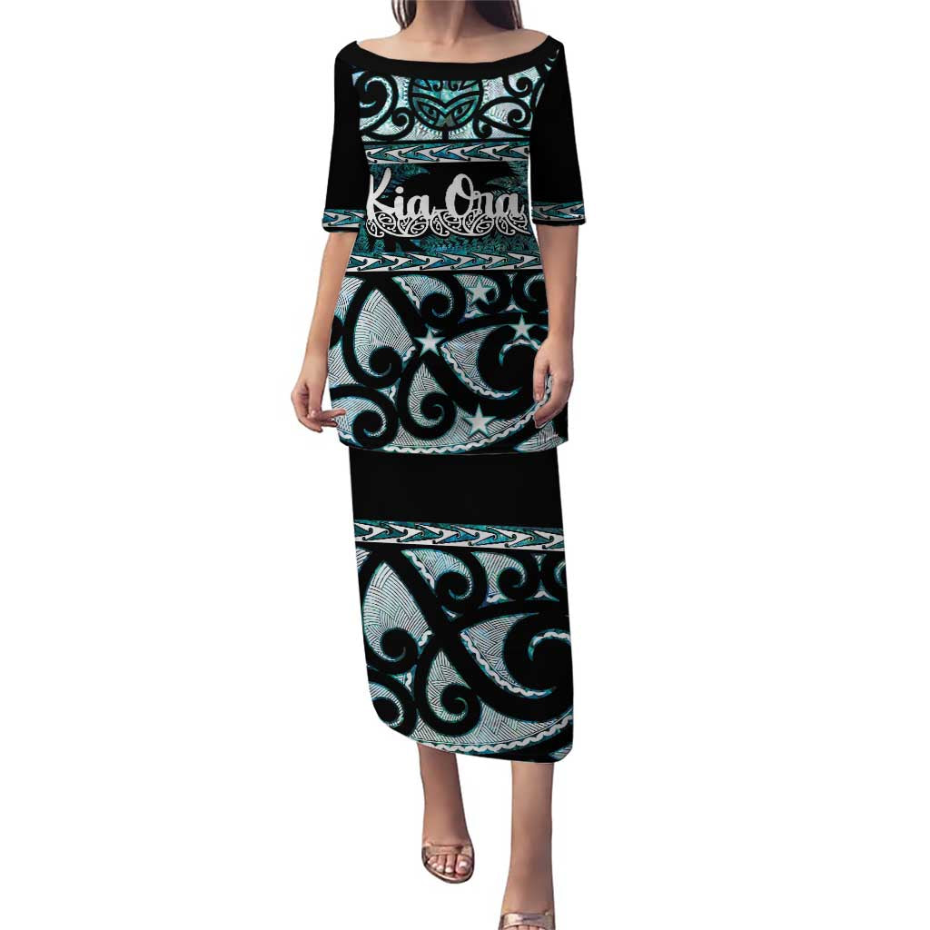 Kia Ora New Zealand Puletasi Aotearoa Proud Maori Paua Shell Silver Fern LT14 Long Dress Black - Polynesian Pride