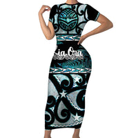 Kia Ora New Zealand Short Sleeve Bodycon Dress Aotearoa Proud Maori Paua Shell Silver Fern LT14 Long Dress Black - Polynesian Pride