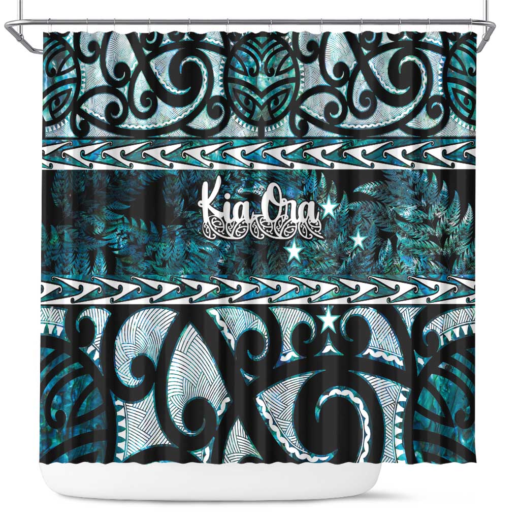 Kia Ora New Zealand Shower Curtain Aotearoa Proud Maori Paua Shell Silver Fern LT14 Black - Polynesian Pride