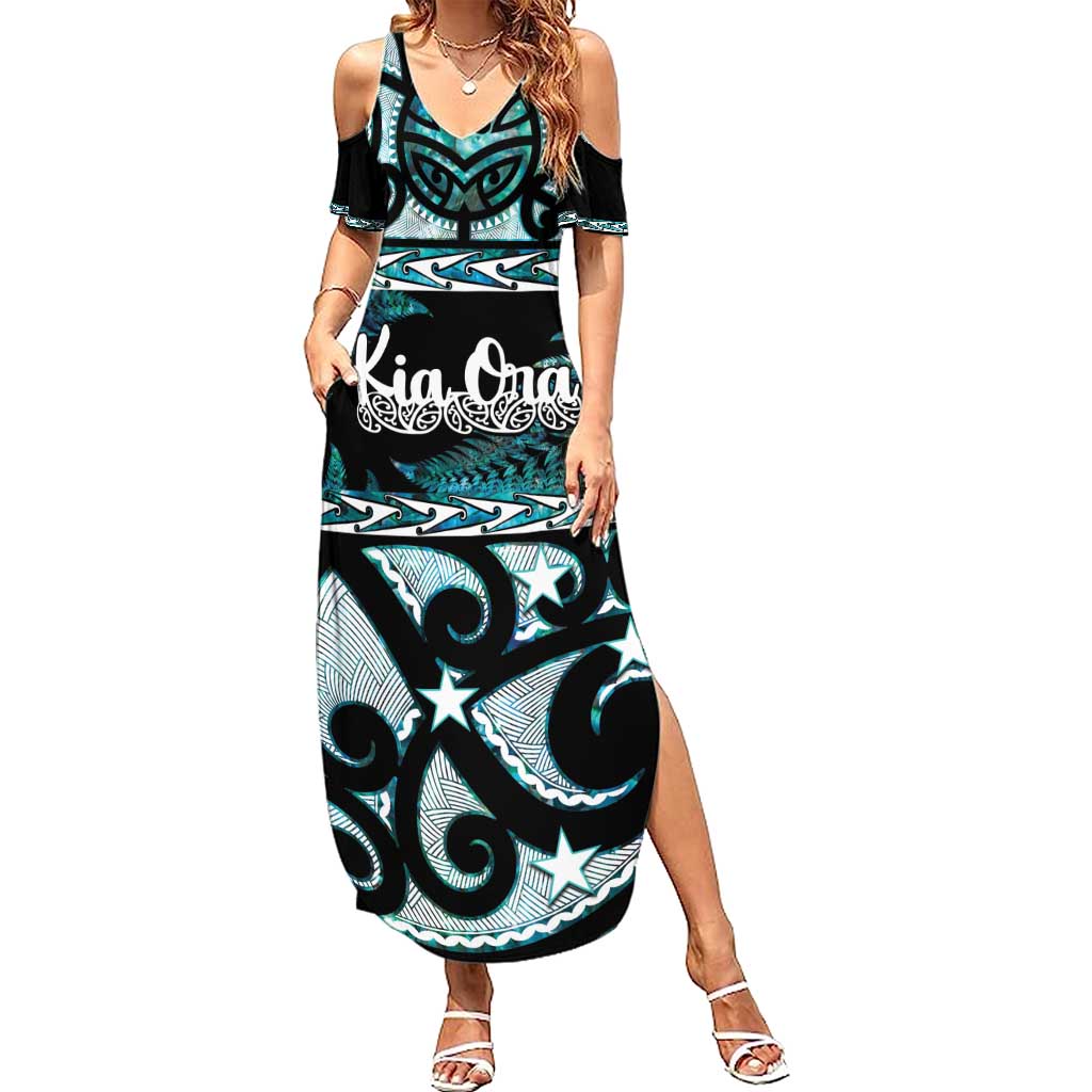 Kia Ora New Zealand Summer Maxi Dress Aotearoa Proud Maori Paua Shell Silver Fern LT14 Women Black - Polynesian Pride