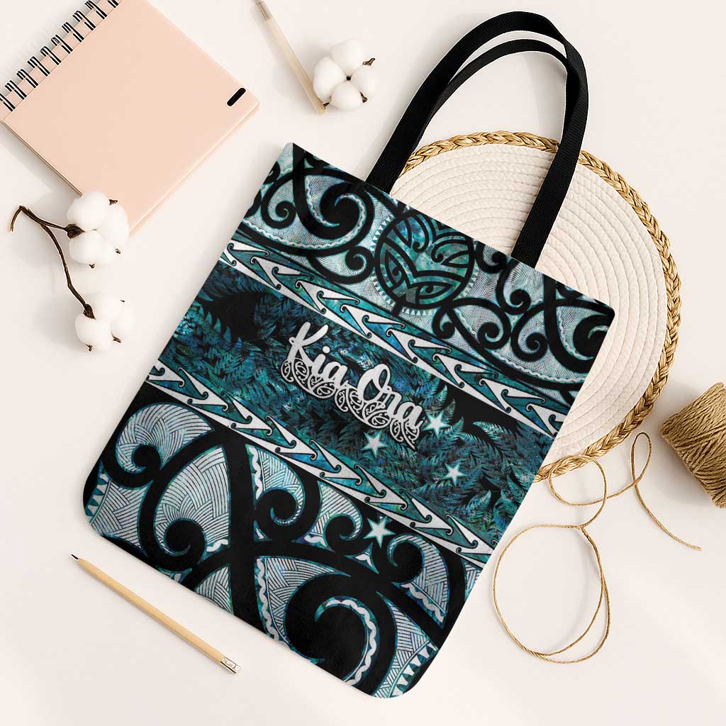 Kia Ora New Zealand Tote Bag Aotearoa Proud Maori Paua Shell Silver Fern LT14 Black Strap One Size Black - Polynesian Pride