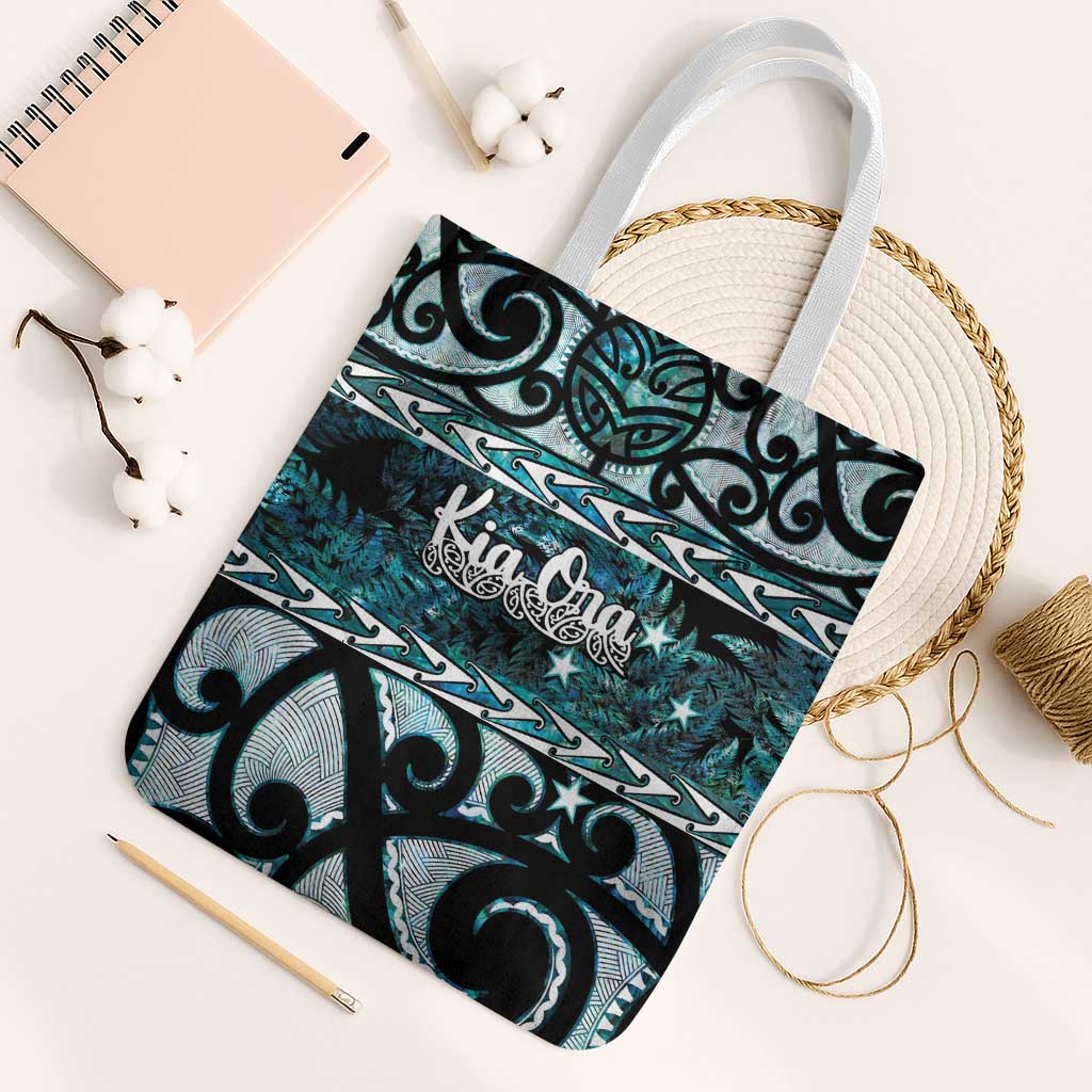 Kia Ora New Zealand Tote Bag Aotearoa Proud Maori Paua Shell Silver Fern LT14 White Strap One Size Black - Polynesian Pride
