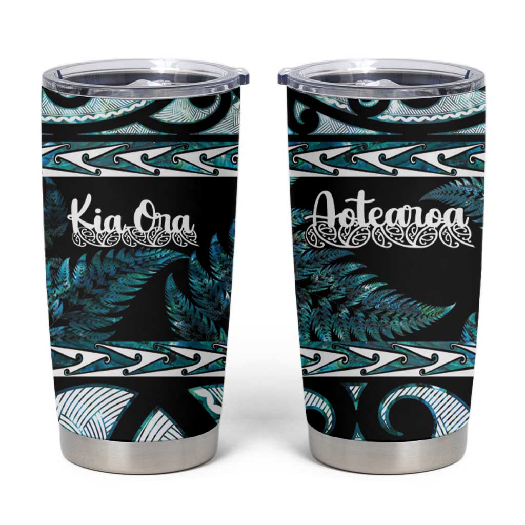Kia Ora New Zealand Tumbler Cup Aotearoa Proud Maori Paua Shell Silver Fern LT14 Black - Polynesian Pride