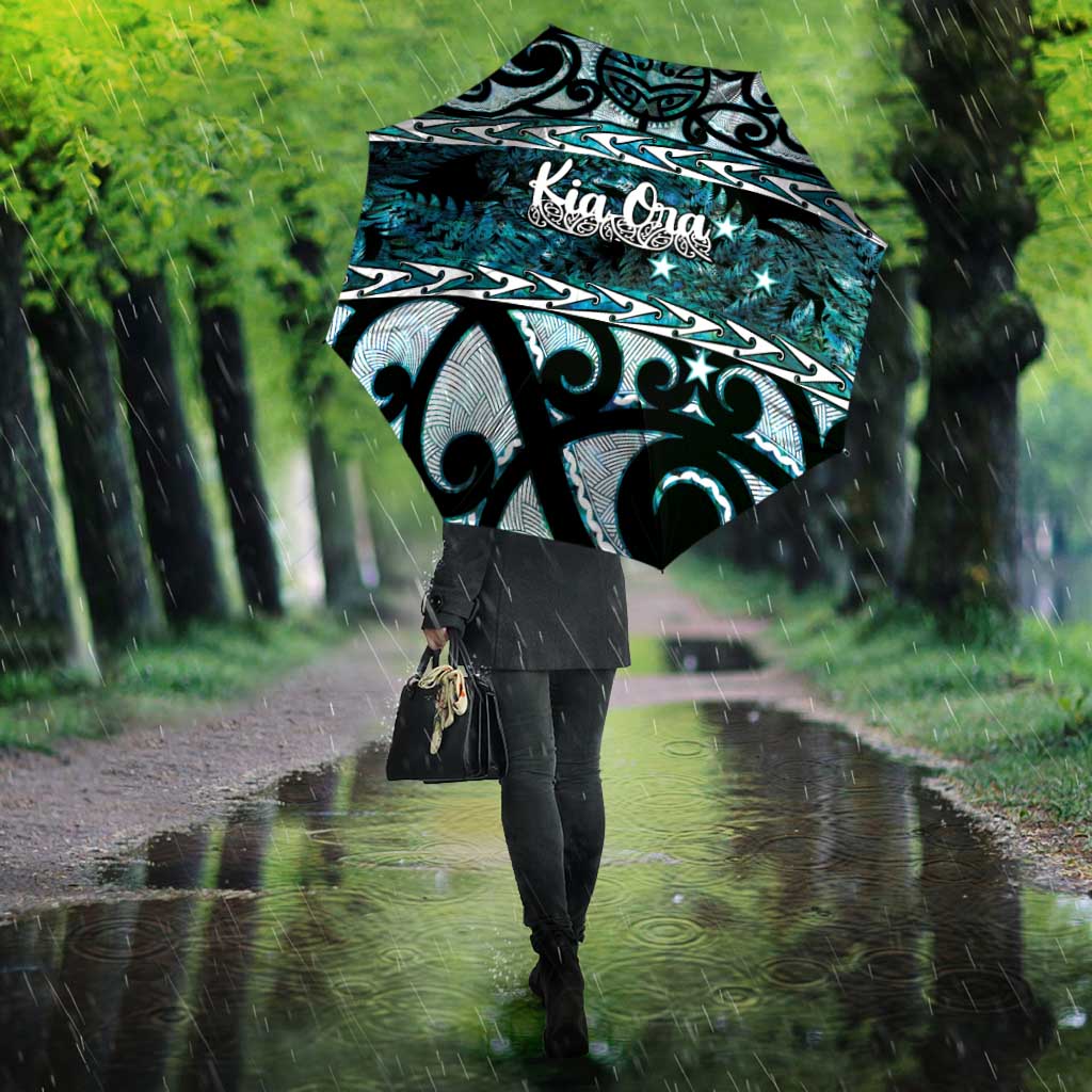 Kia Ora New Zealand Umbrella Aotearoa Proud Maori Paua Shell Silver Fern - Polynesian Pride