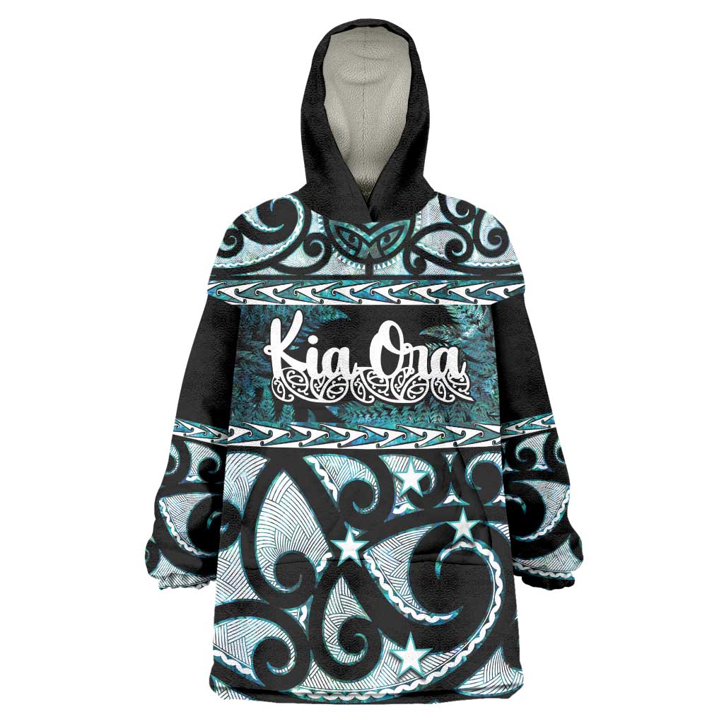 Kia Ora New Zealand Wearable Blanket Hoodie Aotearoa Proud Maori Paua Shell Silver Fern LT14 One Size Black - Polynesian Pride