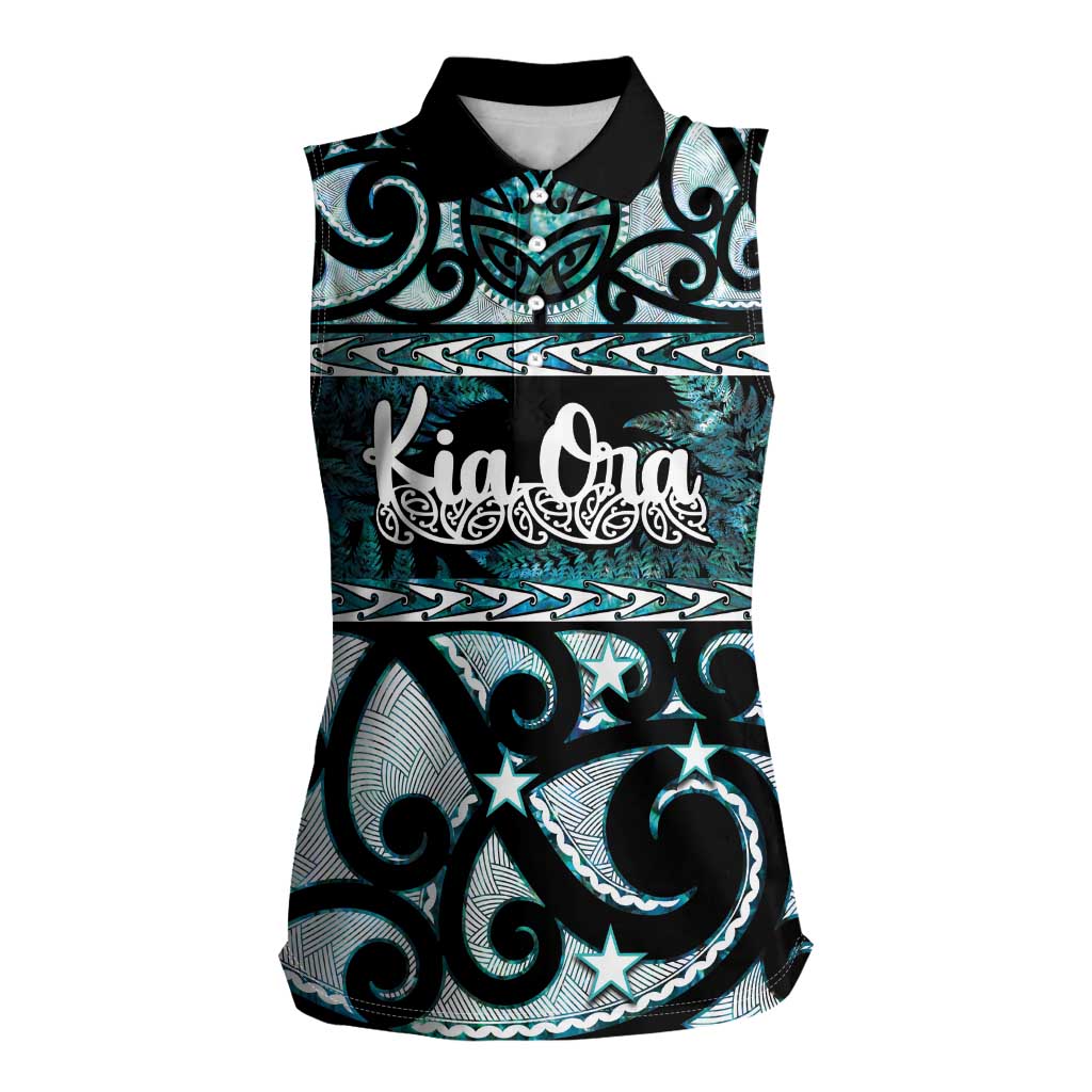 Kia Ora New Zealand Women Sleeveless Polo Shirt Aotearoa Proud Maori Paua Shell Silver Fern LT14 Female Black - Polynesian Pride