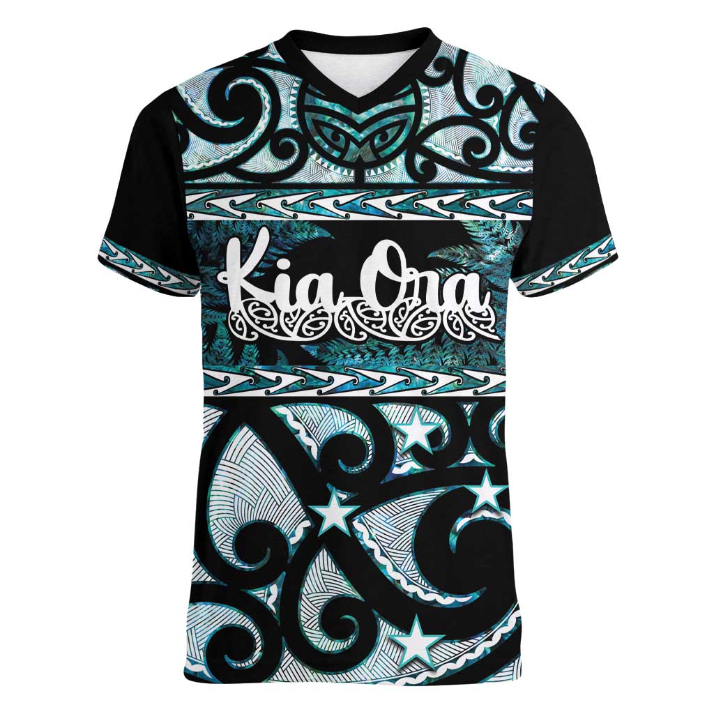 Kia Ora New Zealand Women V-Neck T-Shirt Aotearoa Proud Maori Paua Shell Silver Fern LT14 Female Black - Polynesian Pride