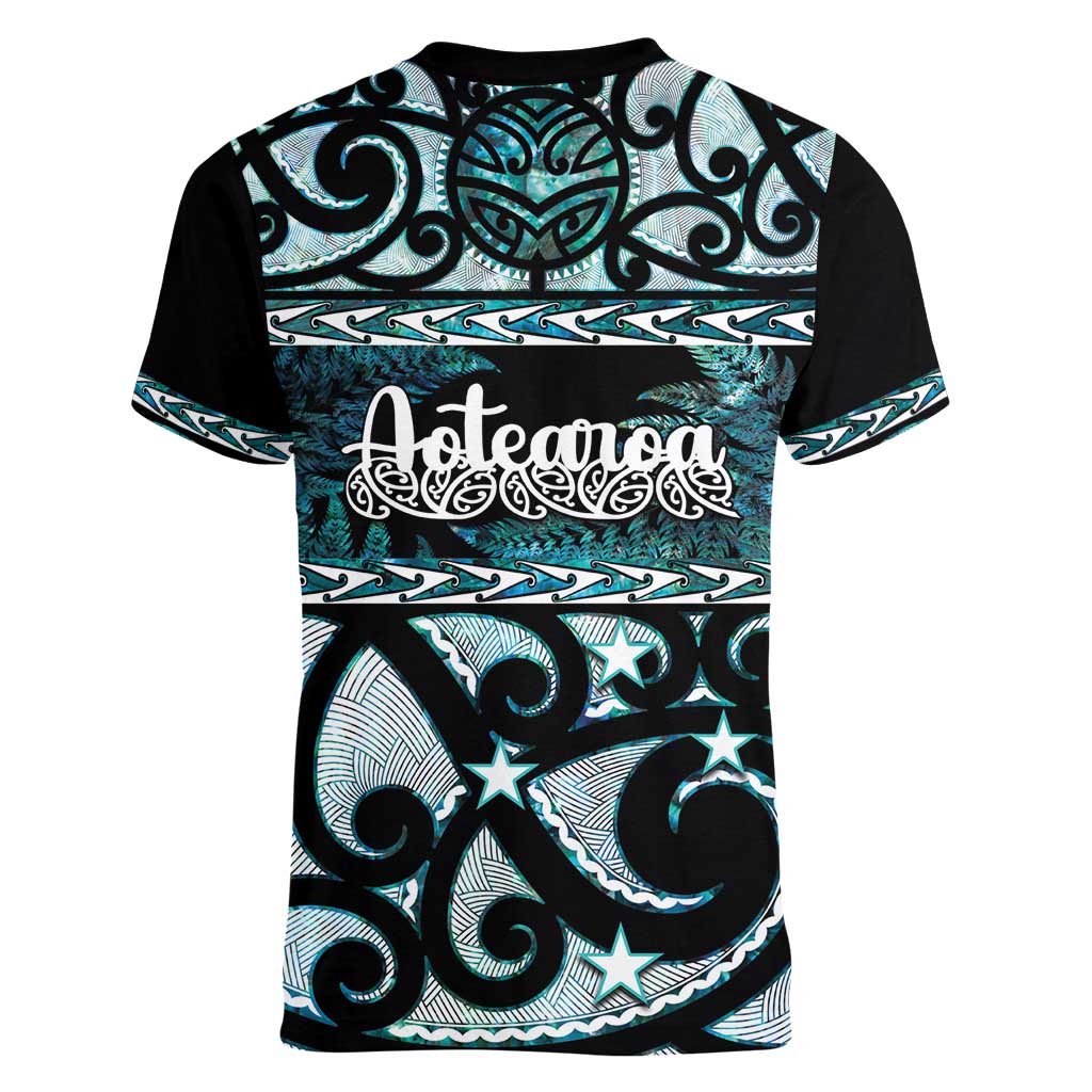 Kia Ora New Zealand Women V-Neck T-Shirt Aotearoa Proud Maori Paua Shell Silver Fern LT14 - Polynesian Pride