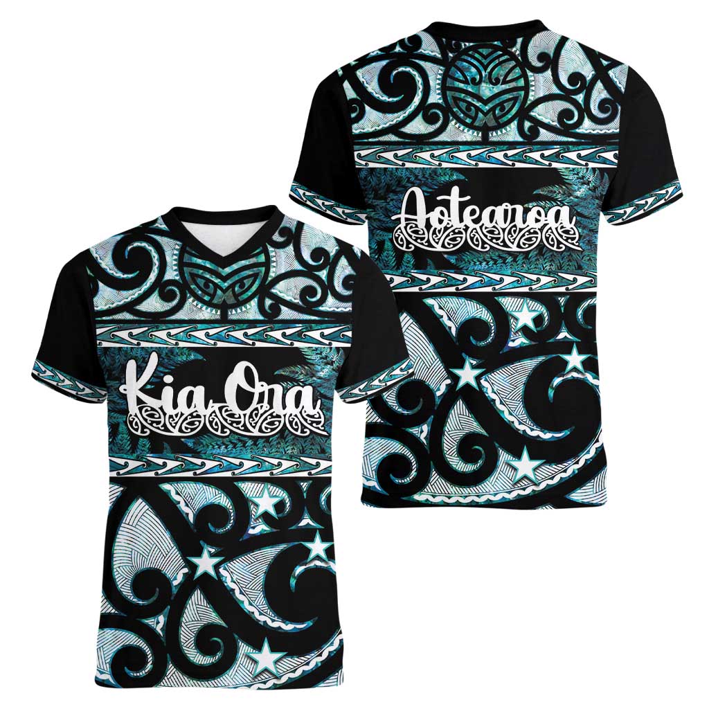 Kia Ora New Zealand Women V-Neck T-Shirt Aotearoa Proud Maori Paua Shell Silver Fern LT14 - Polynesian Pride