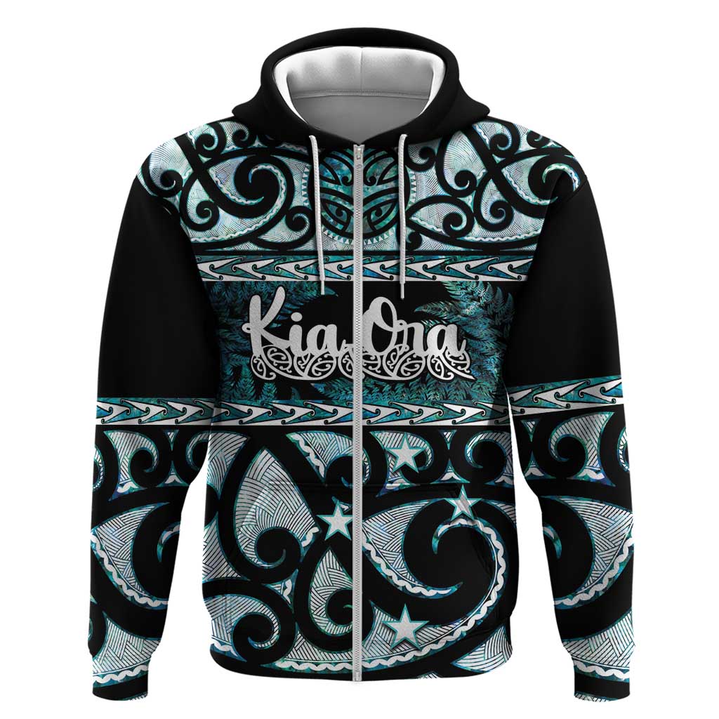 Kia Ora New Zealand Zip Hoodie Aotearoa Proud Maori Paua Shell Silver Fern LT14 Zip Hoodie Black - Polynesian Pride