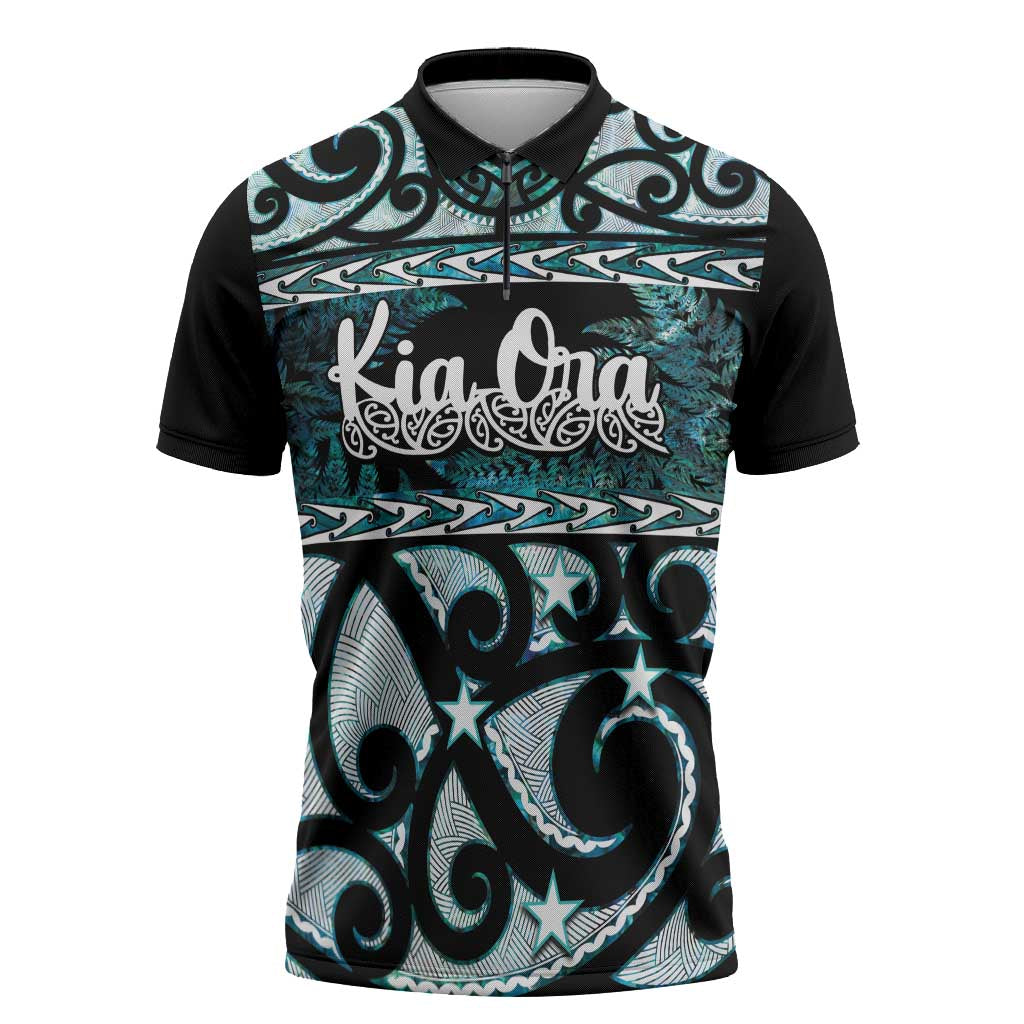Kia Ora New Zealand Zipper Polo Shirt Aotearoa Proud Maori Paua Shell Silver Fern LT14 Black - Polynesian Pride