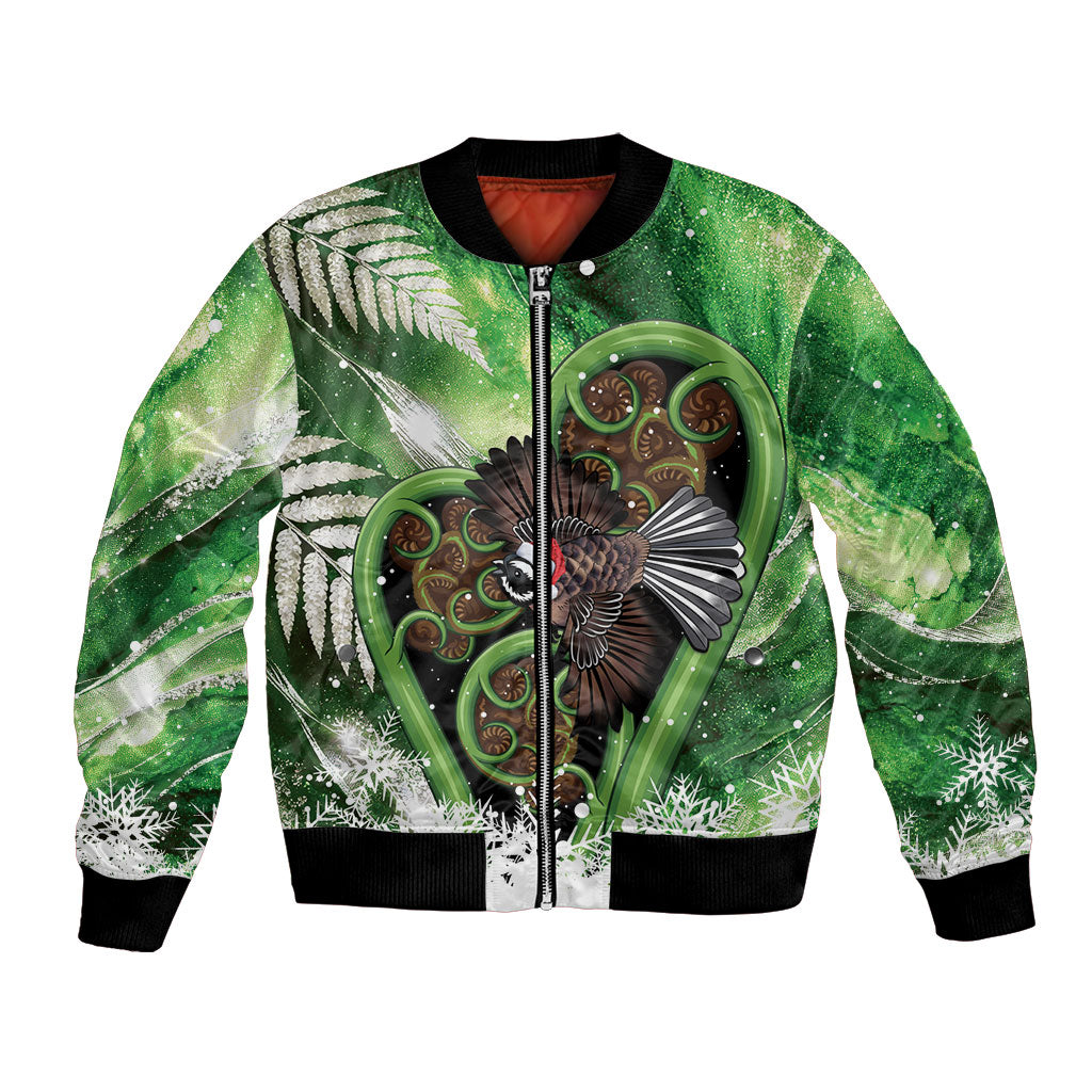 Piwakawaka New Zealand Christmas In July Bomber Jacket NZ Aroha Koru Fern Marble Vibes LT14 Unisex Green - Polynesian Pride