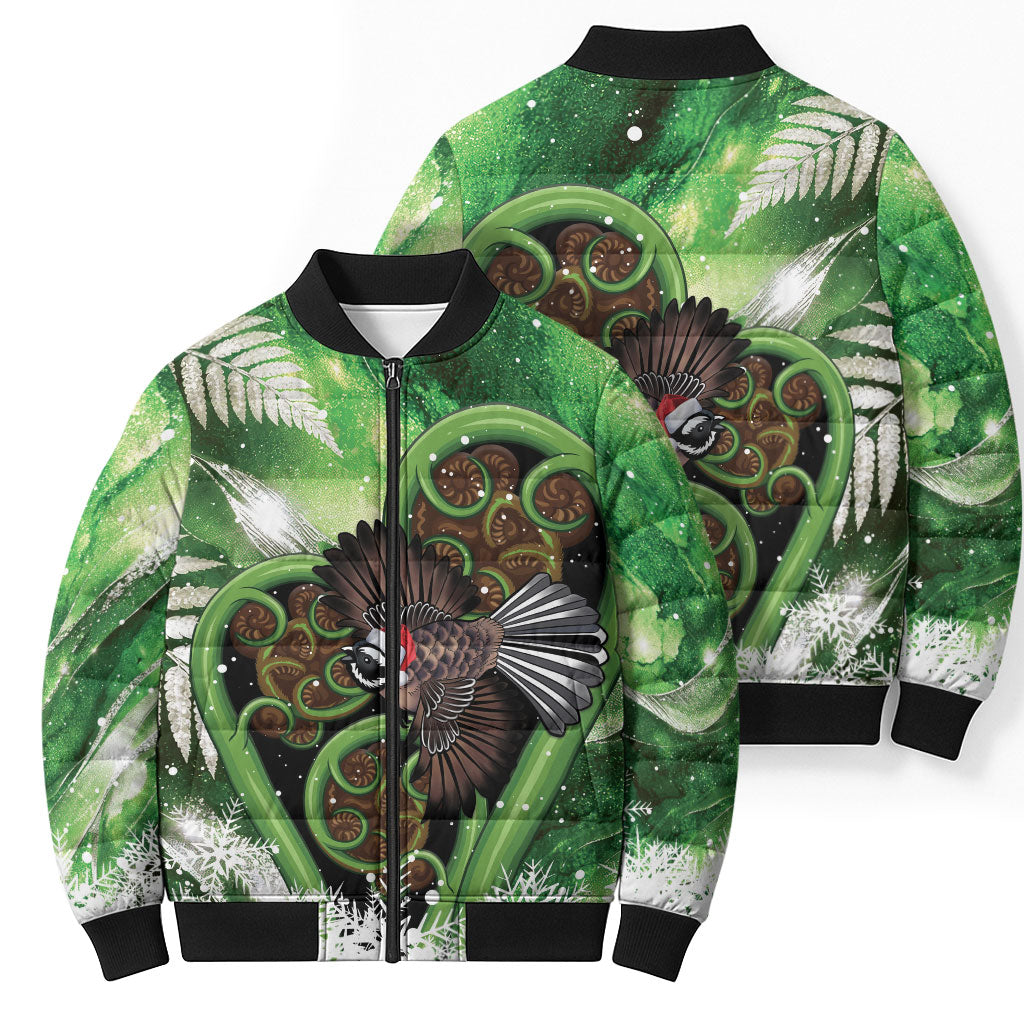 Piwakawaka New Zealand Christmas In July Bomber Puffer Jacket NZ Aroha Koru Fern Marble Vibes LT14 - Polynesian Pride