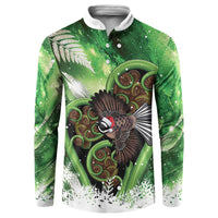 Piwakawaka New Zealand Christmas In July Button Sweatshirt NZ Aroha Koru Fern Marble Vibes LT14 Green - Polynesian Pride