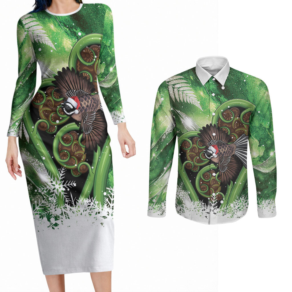 Piwakawaka New Zealand Christmas In July Couples Matching Long Sleeve Bodycon Dress and Long Sleeve Button Shirt NZ Aroha Koru Fern Marble Vibes LT14 Green - Polynesian Pride