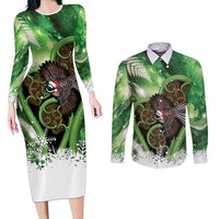 Piwakawaka New Zealand Christmas In July Couples Matching Long Sleeve Bodycon Dress and Long Sleeve Button Shirt NZ Aroha Koru Fern Marble Vibes LT14 Green - Polynesian Pride