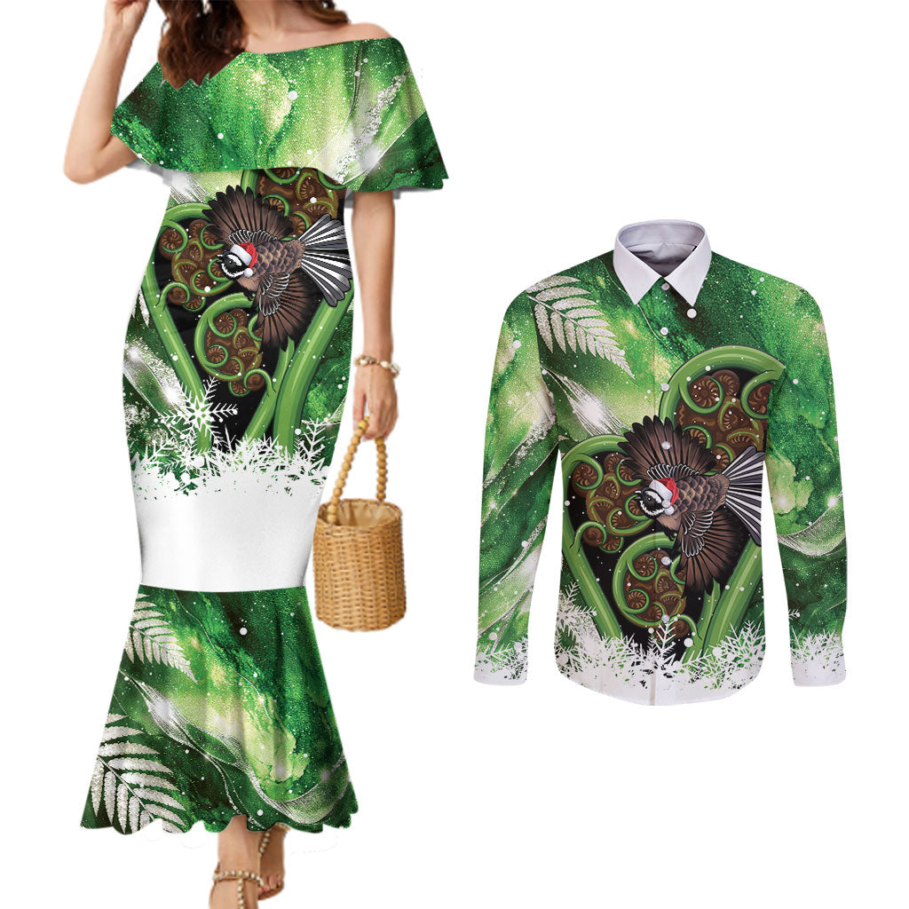 Piwakawaka New Zealand Christmas In July Couples Matching Mermaid Dress and Long Sleeve Button Shirt NZ Aroha Koru Fern Marble Vibes LT14 Green - Polynesian Pride