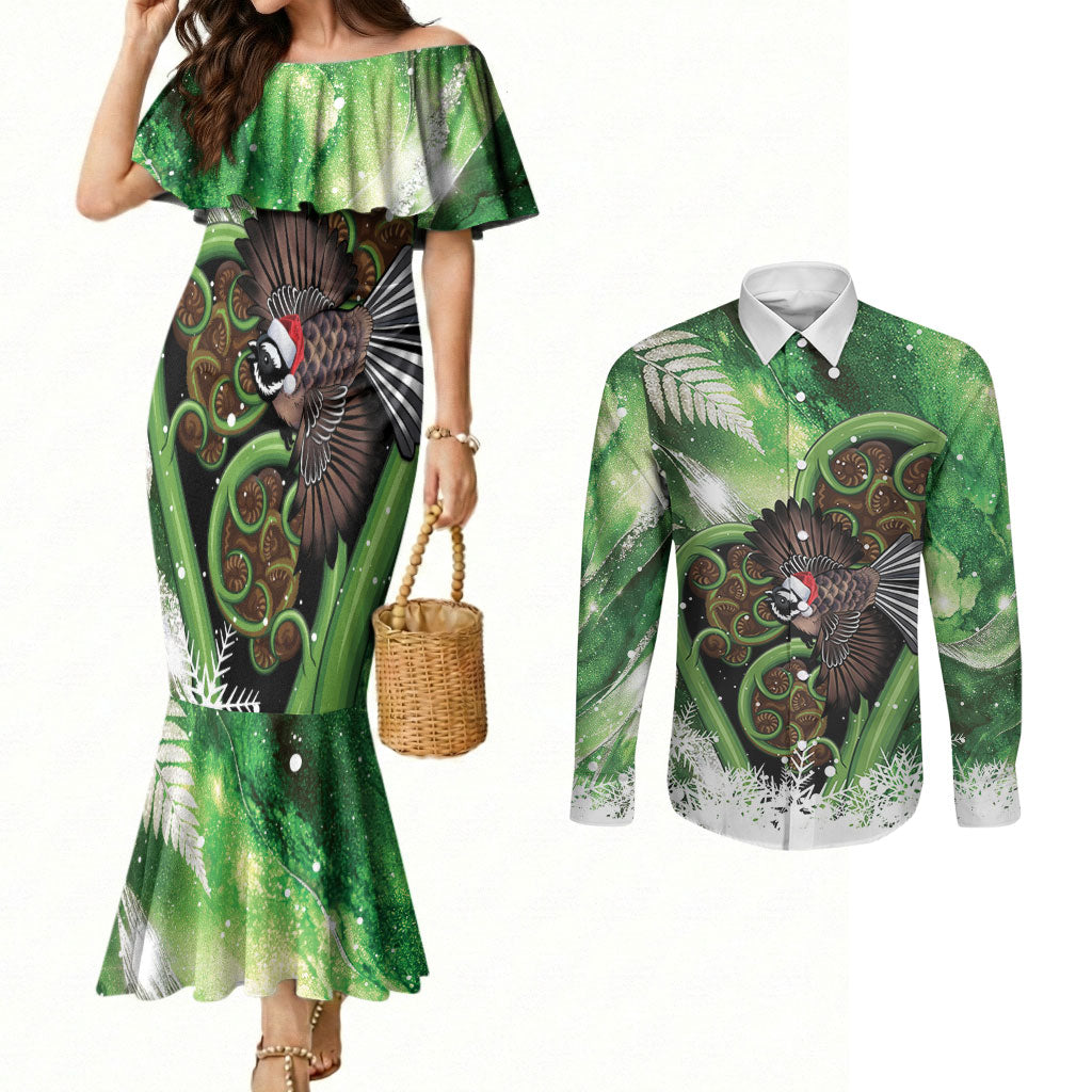 Piwakawaka New Zealand Christmas In July Couples Matching Mermaid Dress and Long Sleeve Button Shirt NZ Aroha Koru Fern Marble Vibes LT14 Green - Polynesian Pride