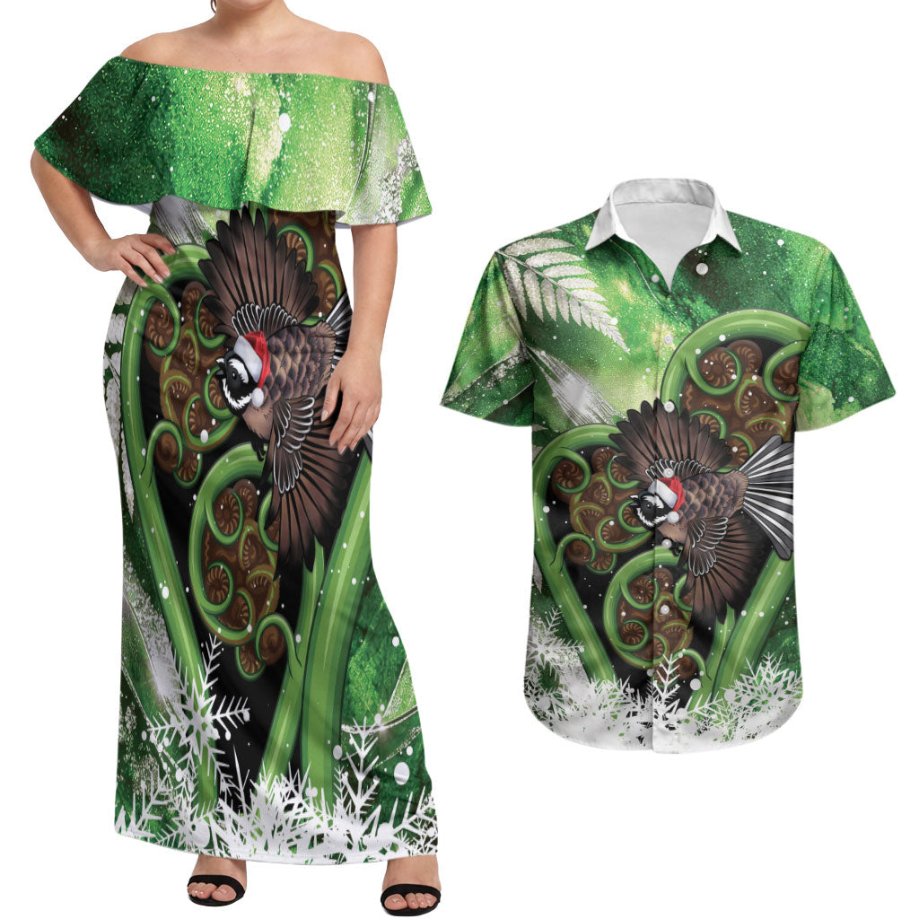 Piwakawaka New Zealand Christmas In July Couples Matching Off Shoulder Maxi Dress and Hawaiian Shirt NZ Aroha Koru Fern Marble Vibes LT14 Green - Polynesian Pride