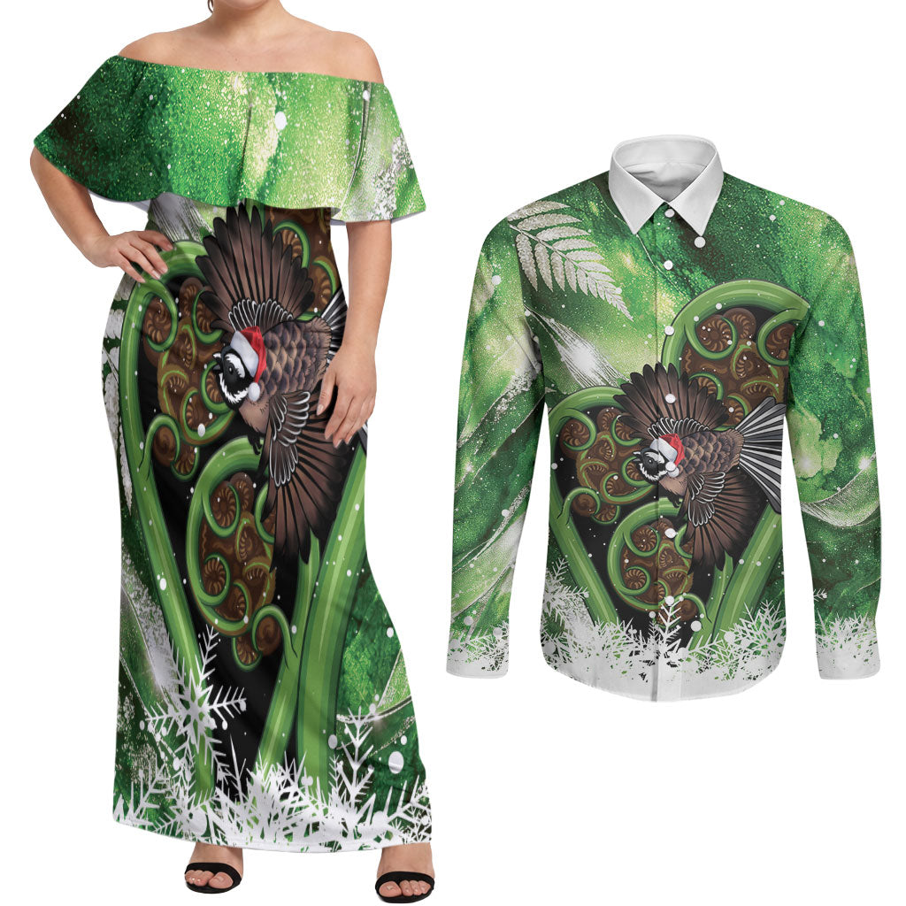 Piwakawaka New Zealand Christmas In July Couples Matching Off Shoulder Maxi Dress and Long Sleeve Button Shirt NZ Aroha Koru Fern Marble Vibes LT14 Green - Polynesian Pride