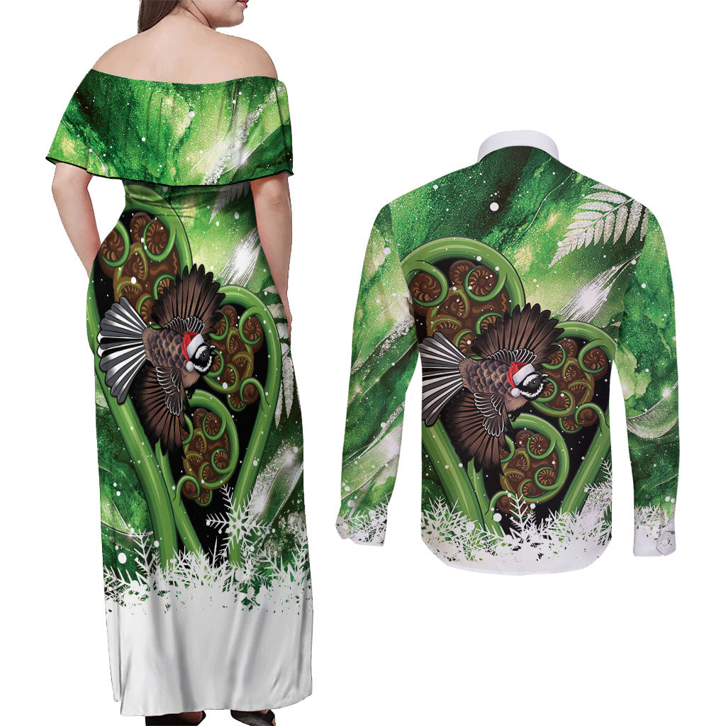 Piwakawaka New Zealand Christmas In July Couples Matching Off Shoulder Maxi Dress and Long Sleeve Button Shirt NZ Aroha Koru Fern Marble Vibes LT14 - Polynesian Pride