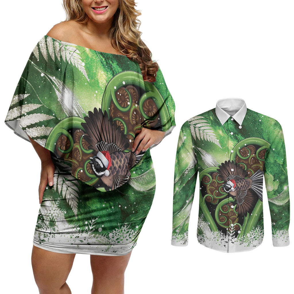 Piwakawaka New Zealand Christmas In July Couples Matching Off Shoulder Short Dress and Long Sleeve Button Shirt NZ Aroha Koru Fern Marble Vibes LT14 Green - Polynesian Pride