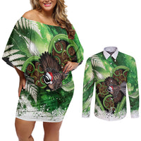 Piwakawaka New Zealand Christmas In July Couples Matching Off Shoulder Short Dress and Long Sleeve Button Shirt NZ Aroha Koru Fern Marble Vibes LT14 Green - Polynesian Pride