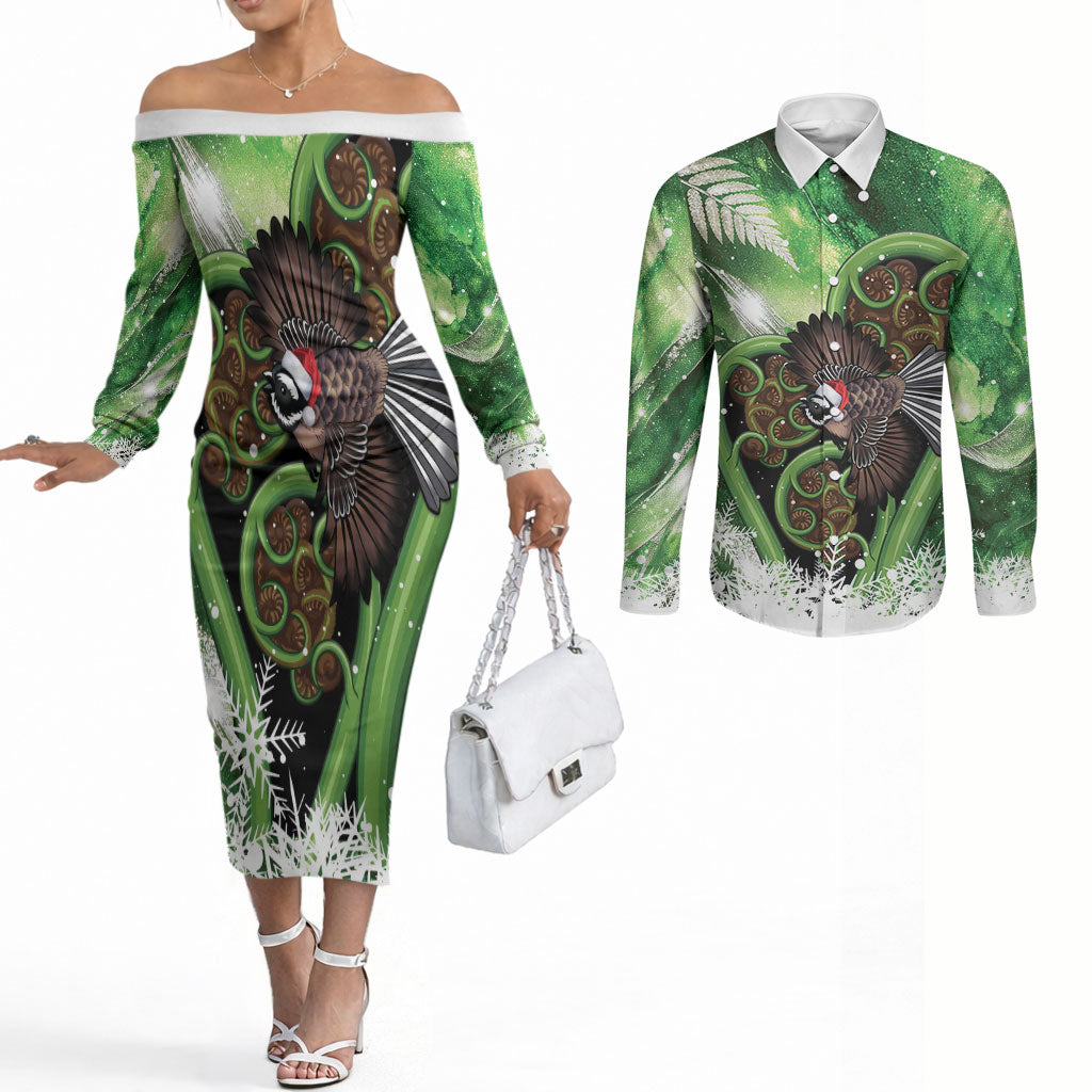 Piwakawaka New Zealand Christmas In July Couples Matching Off The Shoulder Long Sleeve Dress and Long Sleeve Button Shirt NZ Aroha Koru Fern Marble Vibes LT14 Green - Polynesian Pride
